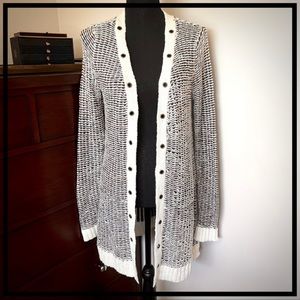 BKE Vintage Metal Gray and Cream striped cardigan with metal ring detailing szXS